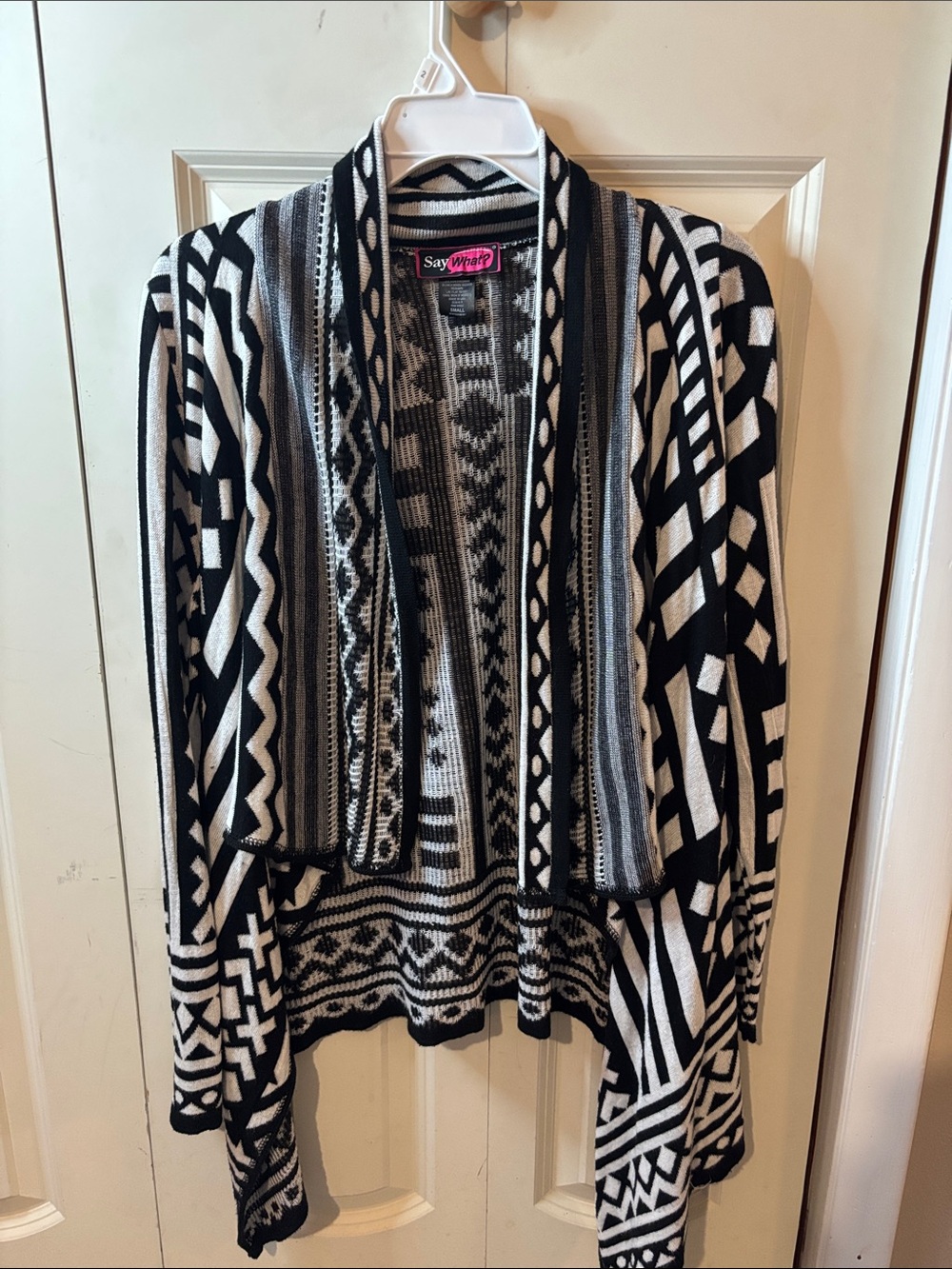 Say What? Black and White Geometric Open Front Cardigan